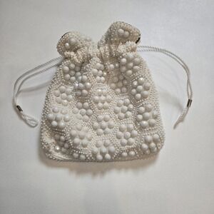 Vintage La Regale Beaded Evening Bag Reversible Drawstring Black White Floral EU